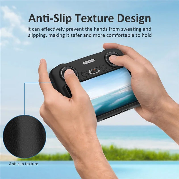 Close-up of hands holding a DJI Mini 3 Pro remote with anti-slip texture, enhancing grip for comfort and safety.