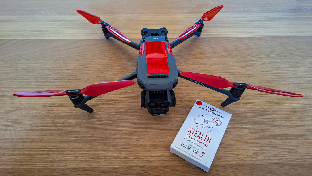 Anti Bird Tape on drone with red propellers, showcasing enhanced protection against bird attacks.
