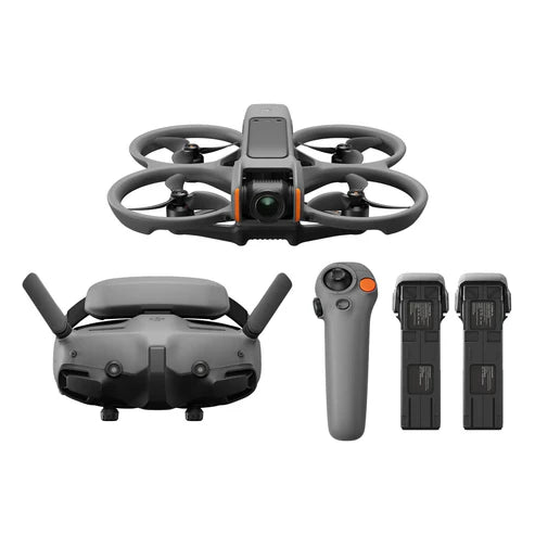 DJI Avata 2 Fly More Combo with drone, remote controller, two batteries, and DJI goggles for immersive FPV experience.