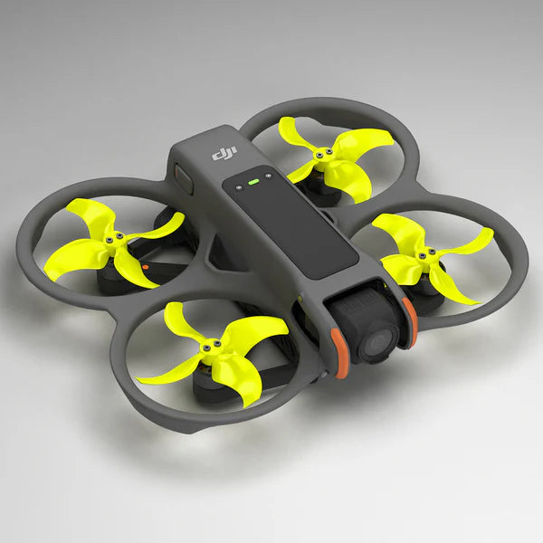 DJI Avata 2 drone with yellow propellers showing low-noise design for quieter flights and improved agility.