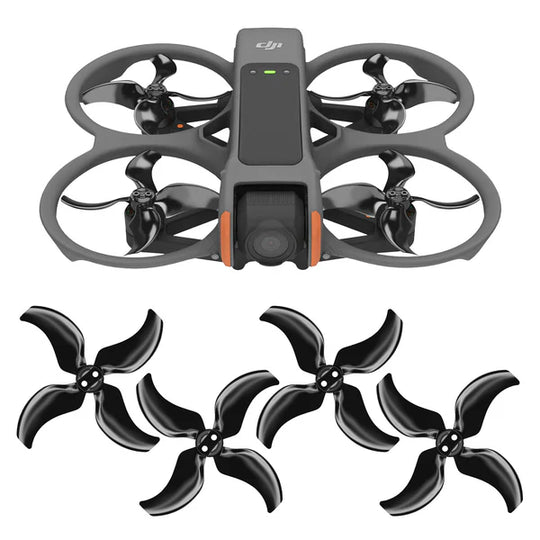 DJI Avata 2 drone with four black low-noise upgrade propellers for enhanced performance and quieter flights.