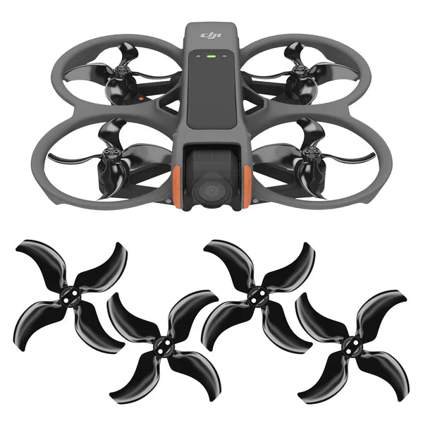 DJI Avata 2 drone with four black low-noise upgrade propellers for enhanced performance and quieter flights.