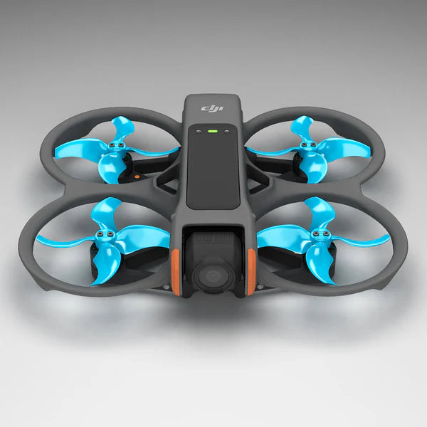 DJI Avata 2 drone with blue upgrade propellers for low-noise flight and improved agility.