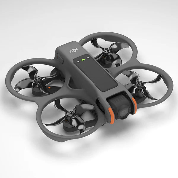 DJI Avata 2 drone with black propellers, designed for low-noise operation and improved flight performance.