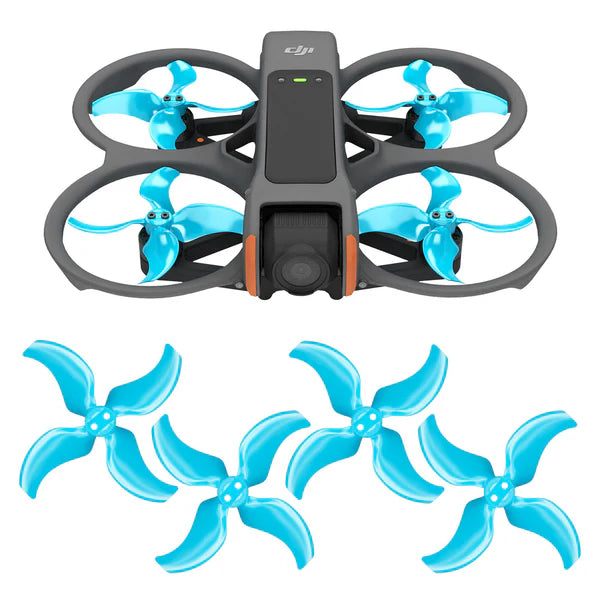 DJI Avata 2 drone with x4 blue low-noise upgrade propellers for enhanced flight performance.