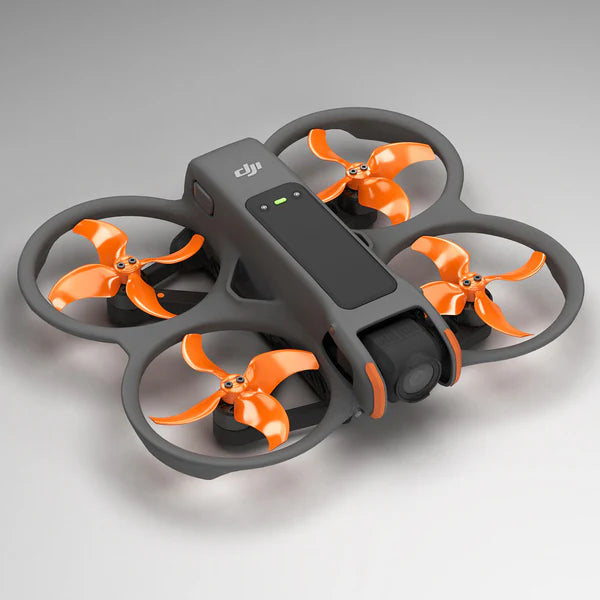DJI Avata 2 drone with orange STEALTH upgrade propellers, designed for low-noise and enhanced performance.