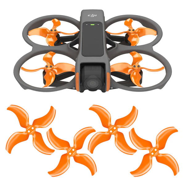 DJI Avata 2 drone with four orange low-noise upgrade propellers for enhanced performance and quieter flights.