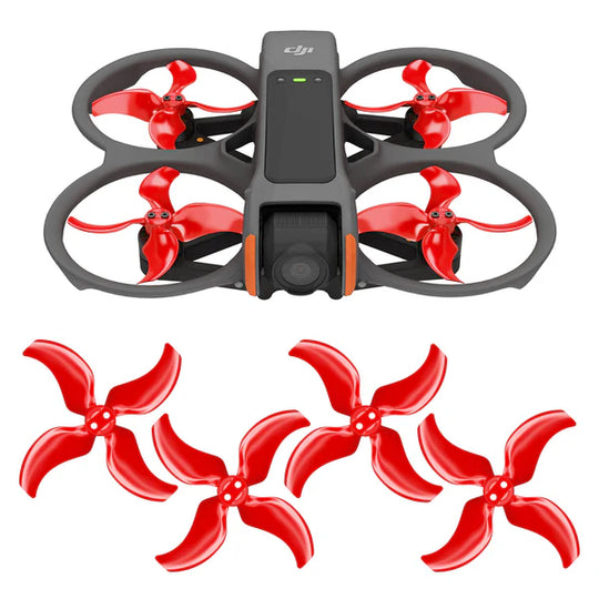 DJI Avata 2 drone with four red low-noise upgrade propellers for enhanced performance and quieter flights.
