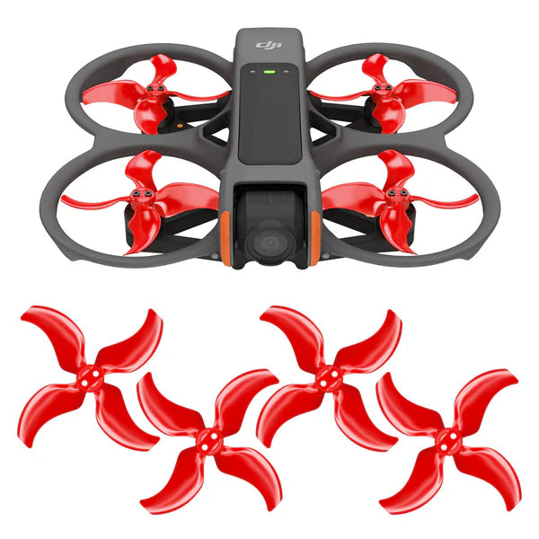 DJI Avata 2 drone with four red low-noise upgrade propellers for enhanced performance and quieter flights.