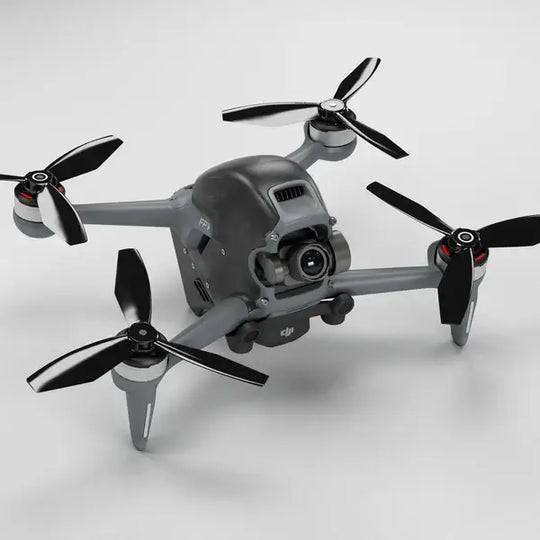 DJI FPV drone with upgraded black propellers, showcasing advanced design and features for high-performance flight.