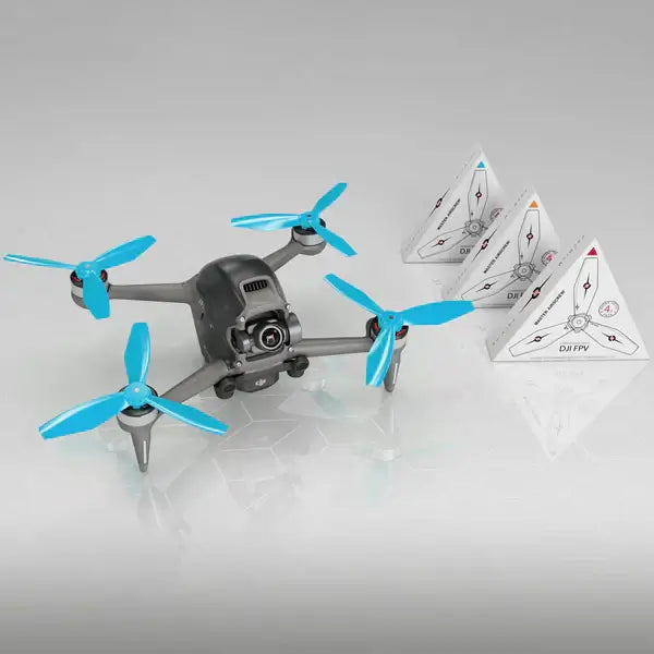 DJI FPV drone with blue propellers and triangular obstacle markers for enhanced flight performance.