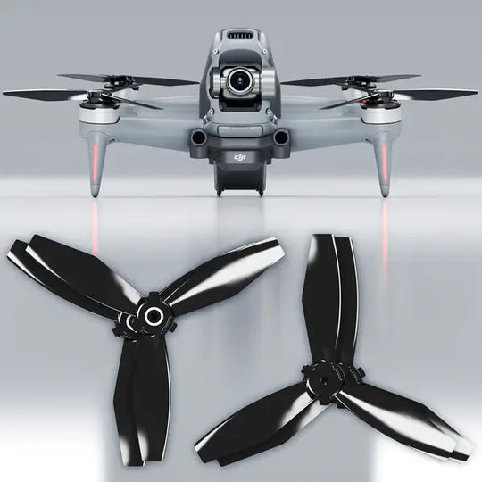 DJI FPV drone with Ludicrous Upgrade Propellers, showcasing black propellers for enhanced flight performance.