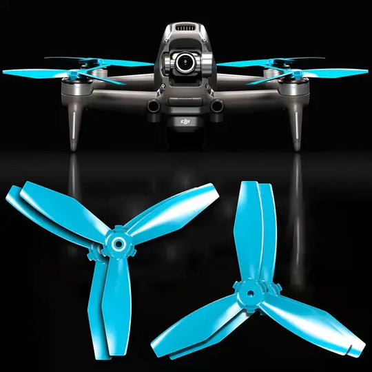 DJI FPV drone with blue upgrade propellers, showcasing enhanced speed and performance features.