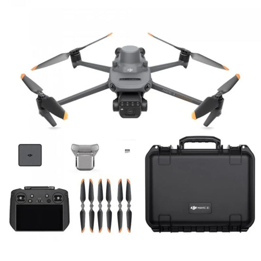 DJI Mavic 3 Enterprise Multispectral drone with accessories including remote, propellers, and carrying case.