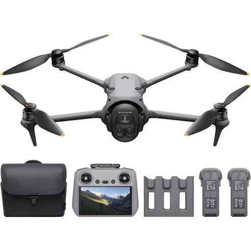DJI Mavic 4 Pro Fly More Combo drone with accessories including remote control, batteries, and bag.