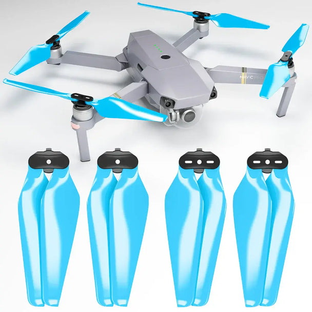 DJI Mavic Pro drone with blue STEALTH upgrade propellers, enhancing flight efficiency and reducing noise.