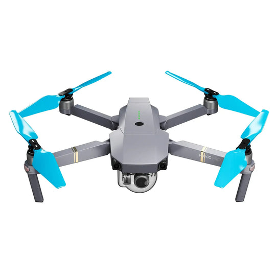 DJI Mavic Pro drone with Platinum STEALTH upgrade propellers in blue, showcasing enhanced efficiency and quiet operation.