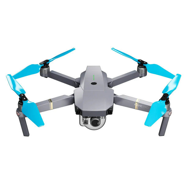 DJI Mavic Pro drone with Platinum STEALTH upgrade propellers in blue, showcasing enhanced efficiency and quiet operation.