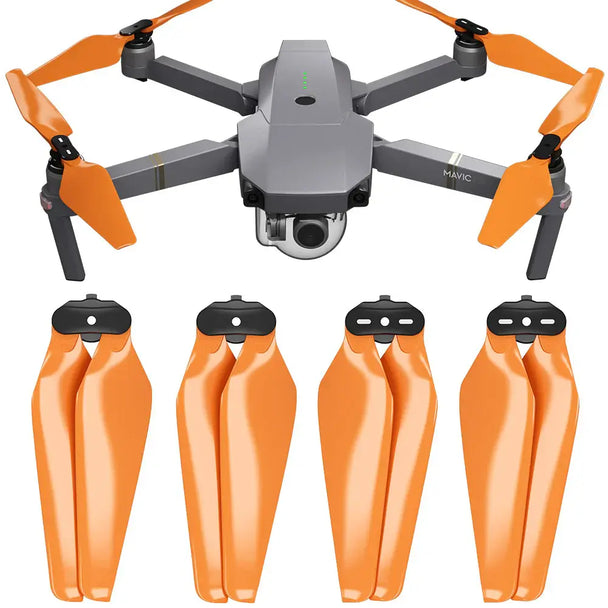 DJI Mavic Pro drone with four orange STEALTH upgrade propellers for enhanced flight performance and noise reduction.