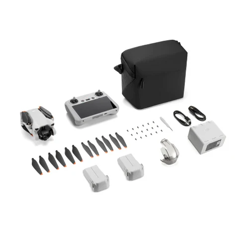 DJI Mini 3 Flymore Combo components including drone, controller, propellers, battery, and carrying case.