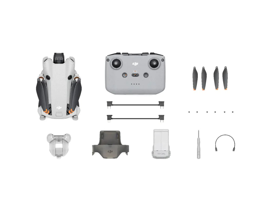 DJI Mini 4 Pro drone and accessories including controller, propellers, and charging gear.
