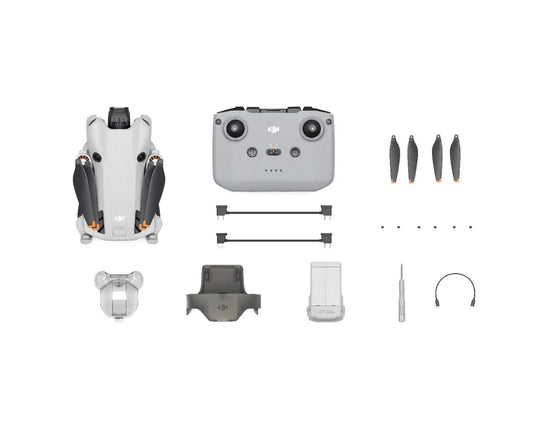 DJI Mini 4 Pro drone and accessories including controller, propellers, and charging gear.