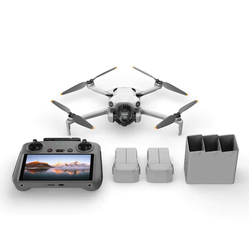 DJI Mini 4 Pro Flymore Combo Plus with controller, batteries, and charging hub on white background.