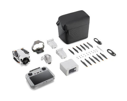 DJI Mini 4 Pro Flymore Combo Plus components including drone, controller, batteries, and accessories.