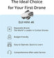 DJI Mini 4K drone marketing image highlighting ease of use, budget-friendliness, and after-sales support.