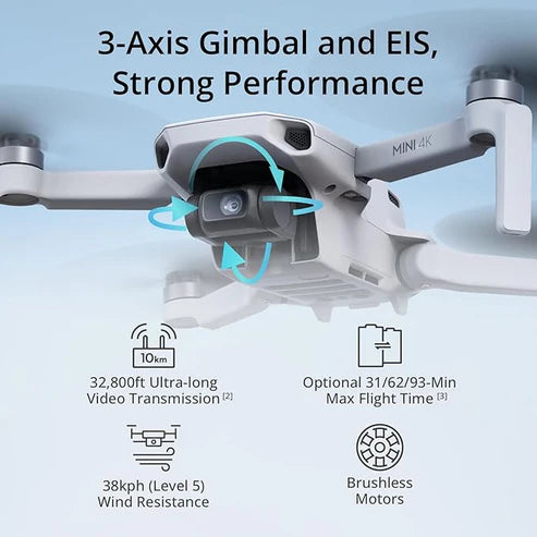 DJI Mini 4K drone features a 3-axis gimbal, strong performance, wind resistance, and ultra-long video transmission.
