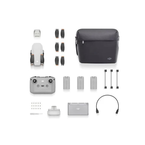 DJI Mini 4K Fly More Combo contents including drone, remote, batteries, and accessories in carrying case.