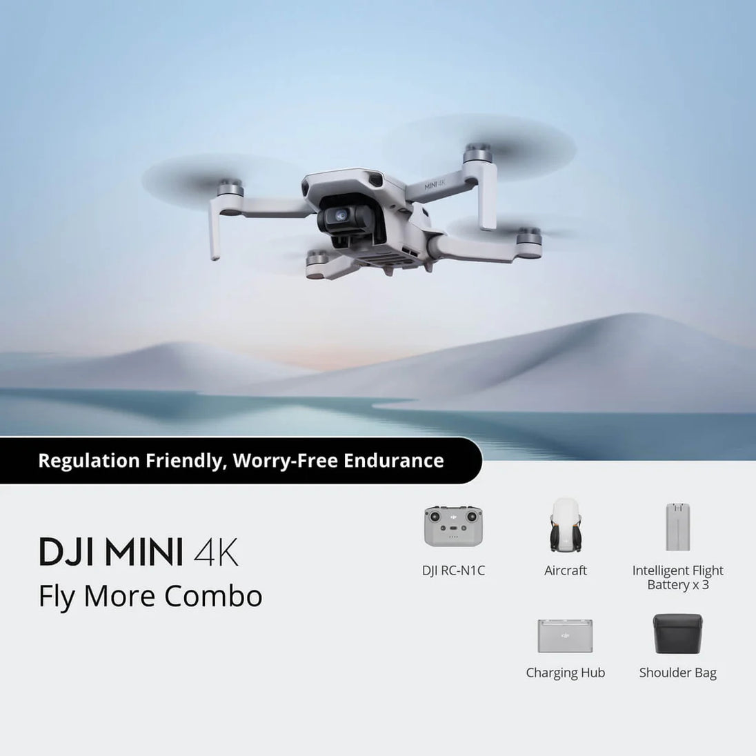 DJI Mini 4K Fly More Combo drone with remote controller, batteries, and charging hub displayed over scenic background.