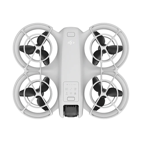 DJI Neo Drone top view showcasing its compact design and four propellers, perfect for indoor and outdoor use.