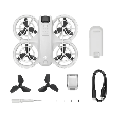 DJI Neo Drone in white with accessories including propellers, battery, and charging cable, ideal for indoor and outdoor use.