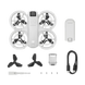 DJI Neo Drone in white with accessories including propellers, battery, and charging cable, ideal for indoor and outdoor use.