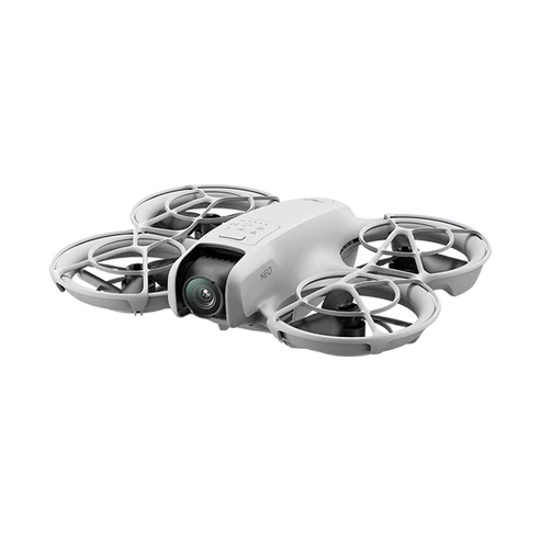 DJI Neo compact drone, lightweight design with four propellers and built-in camera for AI tracking.