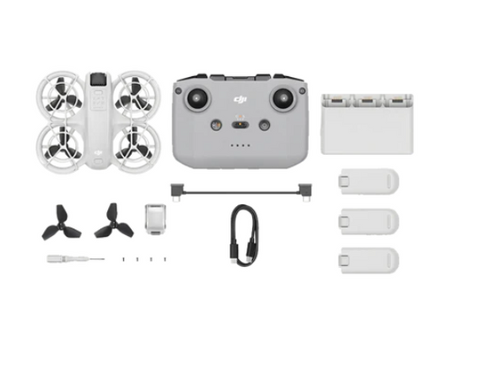 DJI Neo Fly More Combo components including drone, controller, batteries, and accessories on a white background.