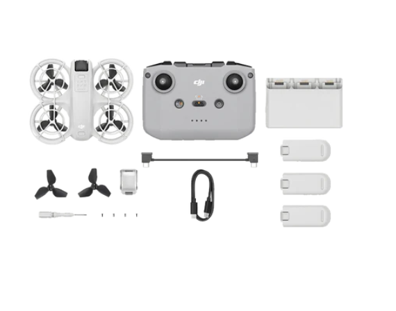 DJI Neo Fly More Combo components including drone, controller, batteries, and accessories on a white background.