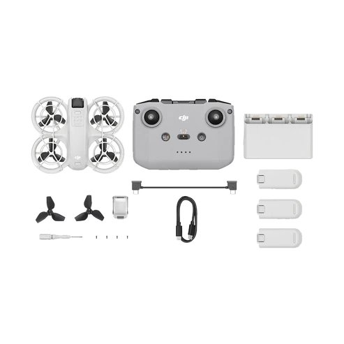 DJI Neo Fly More Combo drone components including remote controller, spare propellers, and batteries.