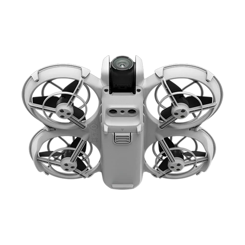 DJI Neo Fly More Combo compact drone from above with four propellers and built-in camera for indoor and outdoor use.