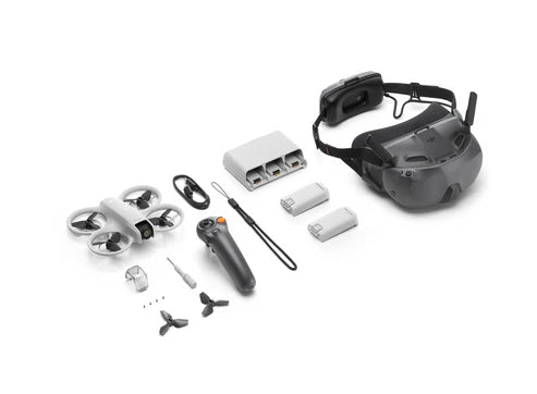 DJI NEO Motion Fly More Combo components including drone, remote, batteries, and goggles for enhanced flying experience.