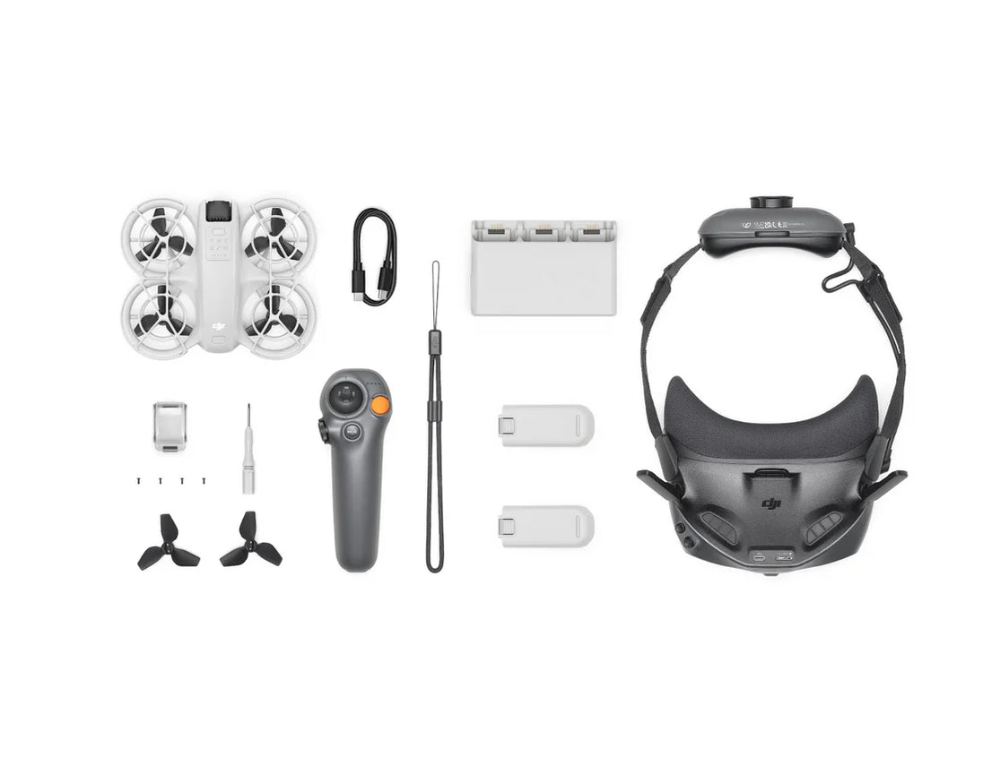 DJI Neo Motion Fly More Combo components including drone, controller, battery, propellers, and headset.