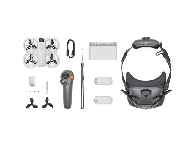 DJI Neo Motion Fly More Combo components including drone, controller, battery, propellers, and headset.