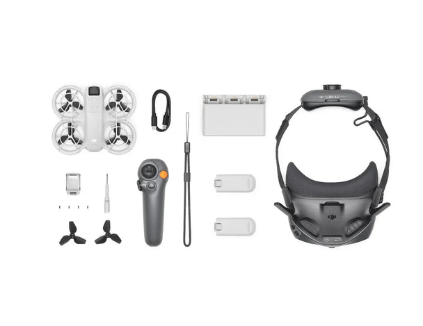 DJI Neo Motion Fly More Combo components including drone, controller, battery, propellers, and headset.