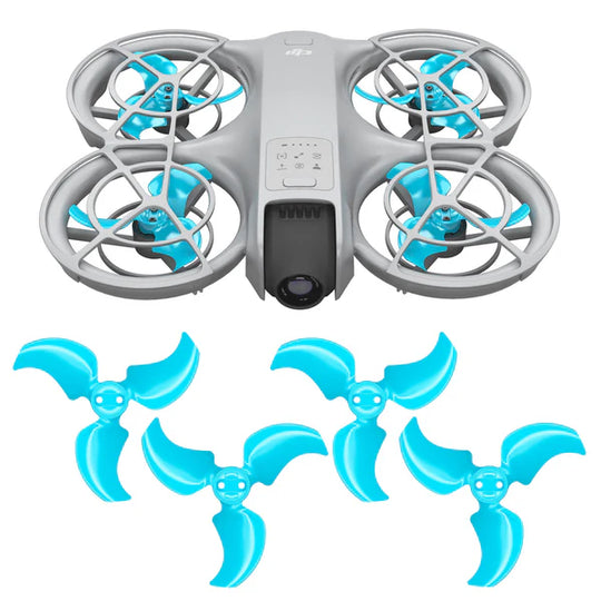 DJI Neo drone with blue stealth upgrade propellers for silent, powerful, and precise flying performance.