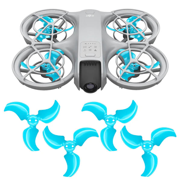 DJI Neo drone with blue stealth upgrade propellers for silent, powerful, and precise flying performance.