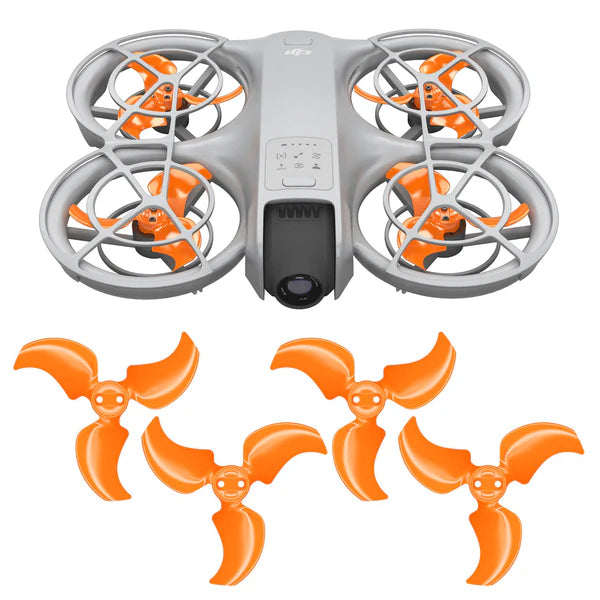 DJI Neo drone with orange STEALTH upgrade propellers, enhancing performance and reducing noise.