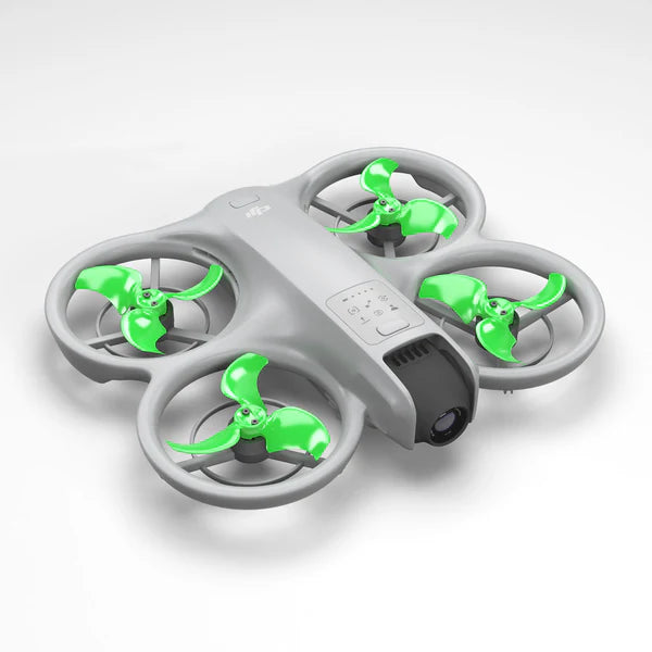 DJI Neo drone featuring green stealth upgrade propellers for silent and precise flight performance.