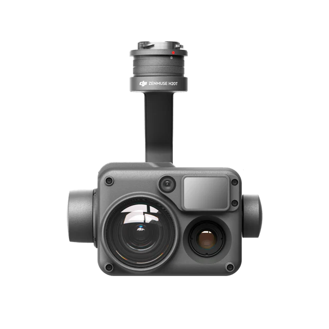 DJI Zenmuse H20T camera front view showcasing 12 MP wide and 20 MP zoom capabilities for versatile imaging.