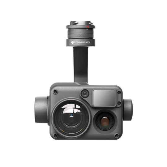 DJI Zenmuse H20T camera front view showcasing 12 MP wide and 20 MP zoom capabilities for versatile imaging.